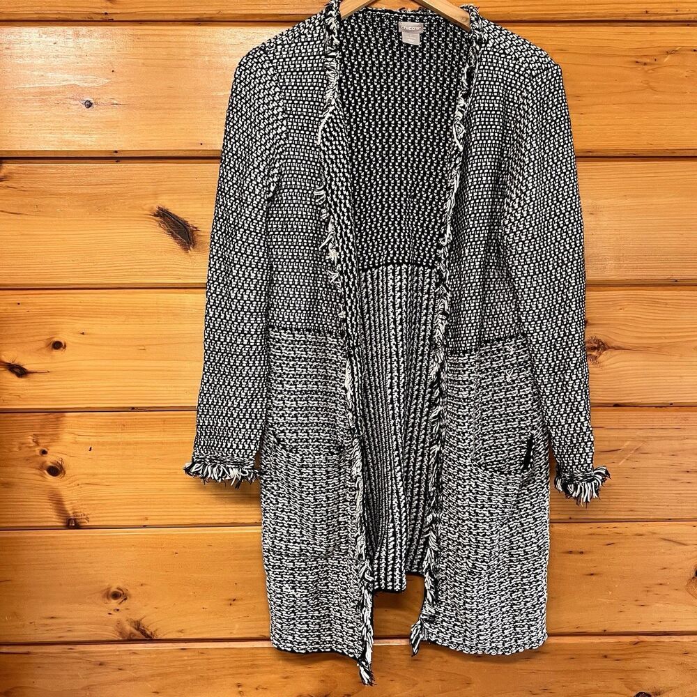 Chico's Longline Tweed Cardigan Sweater Blazer Size M Black White Silver Fringe